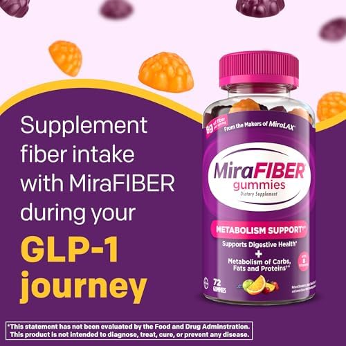 MiraFIBER Gummies, From The Gut Experts at MiraLAX, 8g of Daily Prebiotic Fiber with B Vitamins to Support Digestive Health and Metabolism, Fruit Flavored Fiber Gummies, 72 Count