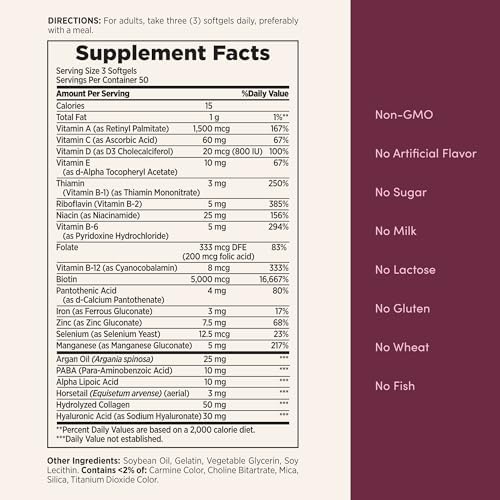Nature's Bounty Advanced Hair, Skin & Nails, Argan-Infused Vitamin Supplement with Biotin and Hyaluronic Acid, 150 Rapid Release Softgels, 50 Total Servings