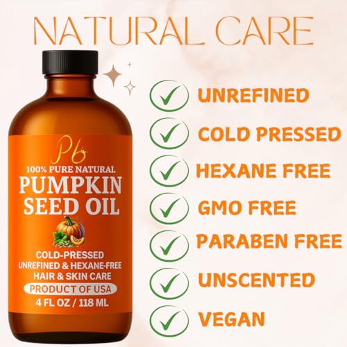 Pumpkin Seed Oil – Cold-Pressed & 100% Pure, Unrefined, Pumpkin Oil for Hair Growth, Dry Skin & Face – Natural Anti-Aging Moisturizer & Hair Oil for Dry, Damaged Hair – Glass Bottle, 4 fl oz
