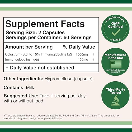 Premium Bovine Colostrum 1000mg - 120 Capsules with 15% IgG for Immune Support