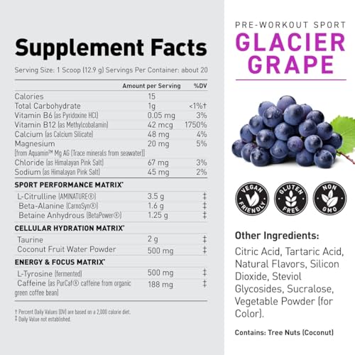Pre-Kaged Sport Pre-Workout Powder - 20 Servings Glacier Grape - Enhanced Energy & Focus
