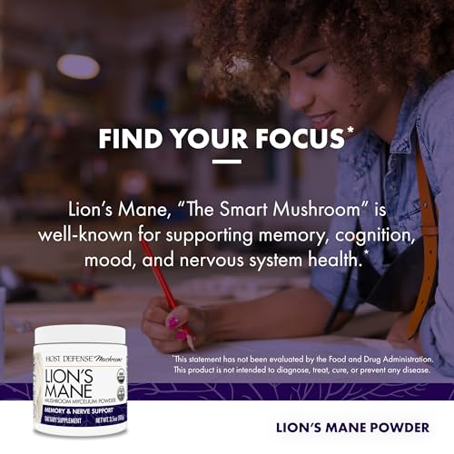 Host Defense Lion's Mane Mushroom Mycelium Powder for Mental Clarity & Focus, 100g