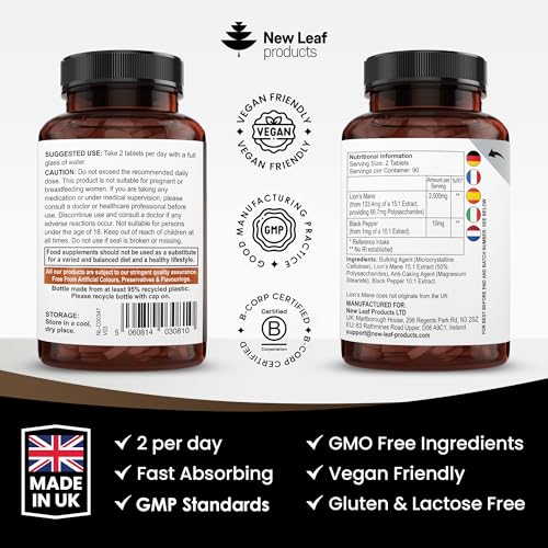 Lions Mane Mushroom 2000mg - 180 High Strength Vegan Tablets - Lion's Supplement with Black Pepper
