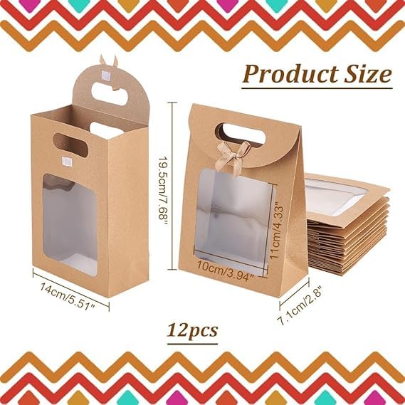GMQG Brown Kraft Stand Up Gift Bags with Window & Bow - 12 Pack