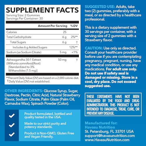 Ashwagandha Gummies - Non-GMO Calm Mood Adrenal Support, Gluten-Free Strawberry Gummies, Women and Men, 60 Count