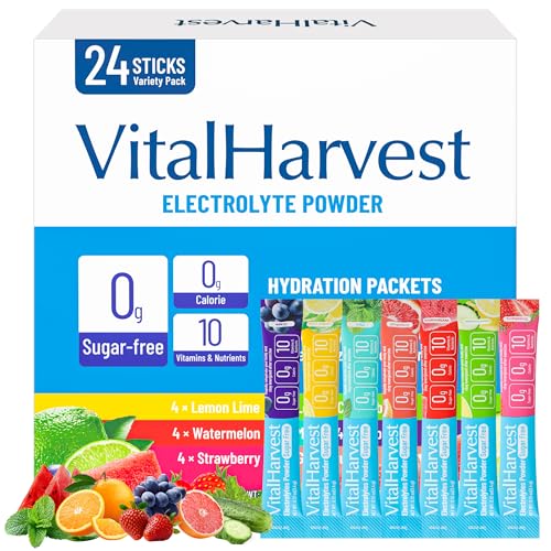 VitalHarvest 24 Sachets of Electrolyte Powder, 7 Flavors, Sugar Free for Daily Hydration, Low Sodium, Lemon-Lime, Watermelon, and Strawberry