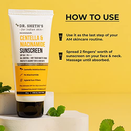 Dr. Sheth’s Centella & Niacinamide Sunscreen SPF 50 PA++++ - Acne & Oil Control, Ultra-Matte Finish, 50g