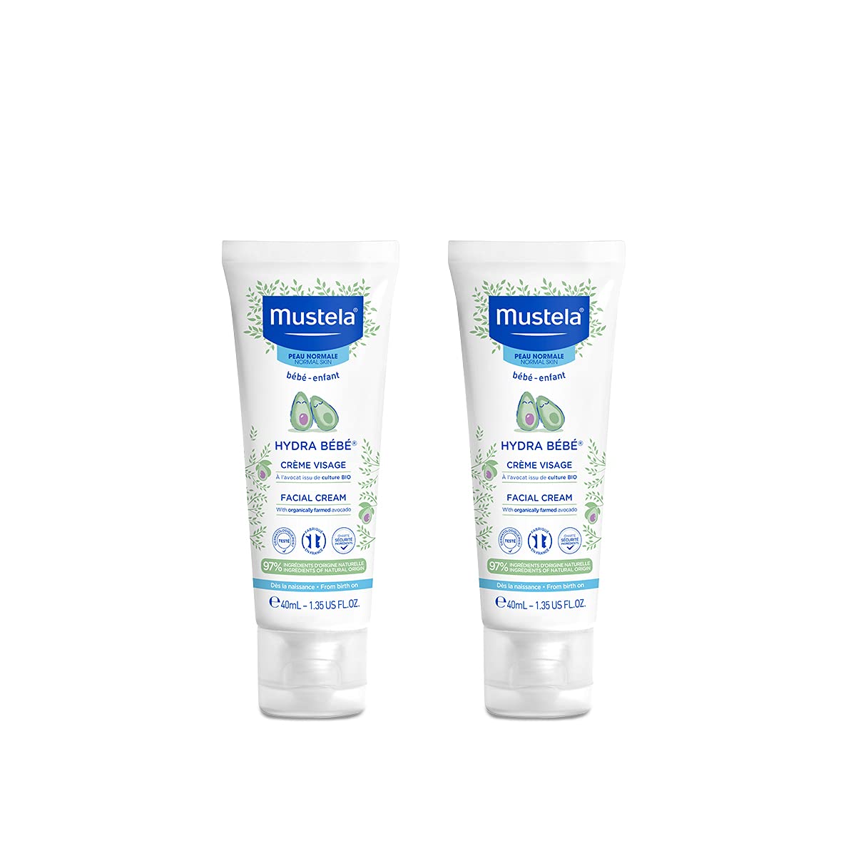 Mustela Hydra Bebe Face Cream - Daily Baby Moisturizer with Natural Avocado (Pack of 2) - 40ml Each