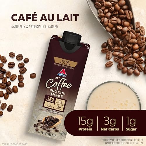 Atkins Iced Coffee Cafe Au Lait Protein Shake - Ready to Drink, High Protein, Convenient 4-Pack