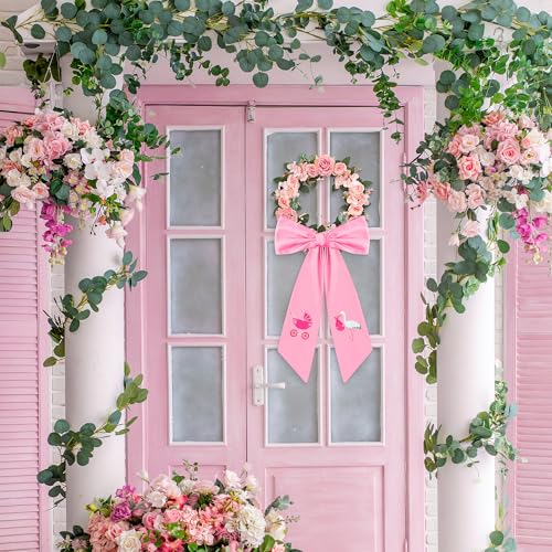 WATINC Pink Stork Baby Shower Wreath Sash - 2 Pcs Girl Gender Reveal Door Decor (56'' x 4.5'')