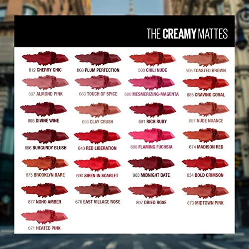 Maybelline Color Sensational Lipstick - Matte Finish, Hydrating Lip Color, Nude, Pink, Red, Plum - Rich Ruby, 1 Count
