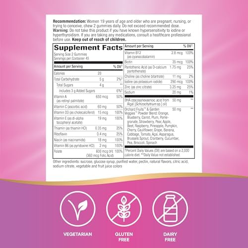 Nature’s Way Alive! Prenatal Multivitamin, Plant-Based DHA for Baby's Healthy Brain & Eye Development*, Vegetarian, Orange and Raspberry Lemonade Flavored, 90 Gummies (Packaging May Vary)
