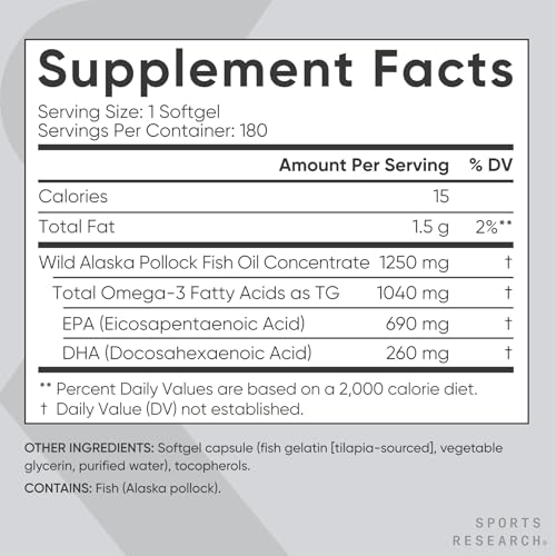 Sports Research Triple Strength Omega-3 Fish Oil 1250 mg - 180 Softgels