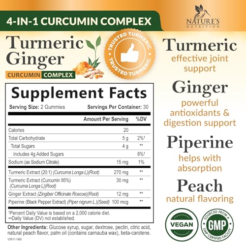 Turmeric Curcumin Gummies - 95% Curcuminoids with Black Pepper for Joint Support - Peach Flavor - 60 Count