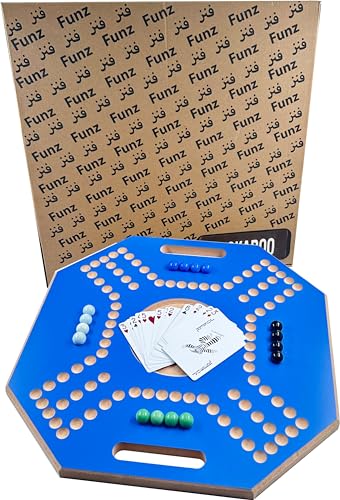 Funz Jackaroo Wooden Board Game for 4 Players with Glass Marbles and Cards, 39x39 cm, Blue