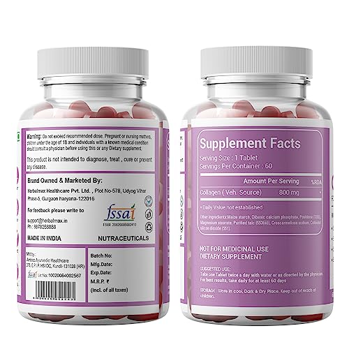Herbal Max Collagen Tablets - Enhance Skin Repair & Youthful Radiance, 800mg 180 Tabs Pack of 3
