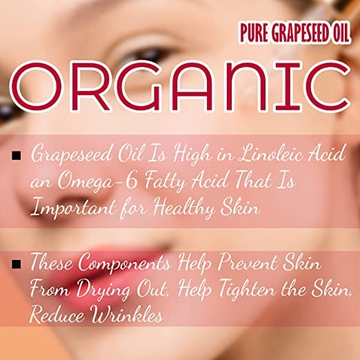 Organic Grapeseed Oil - 100% Pure Cold Pressed Natural Grape Seed Oil For Skin Face Body Hair Massage Anti-aging - Normal and Oily Skin (100ml)