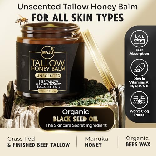 MAJU Beef Tallow Manuka Honey Balm - Unscented Skin Moisturizer with Black Seed Oil