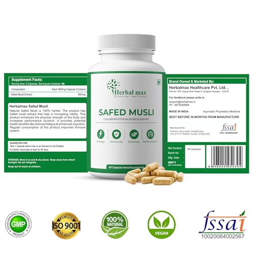 Herbal Max Safed Musli Capsules - Boost Energy, Stamina & Immunity Naturally, 800mg 60 Caps