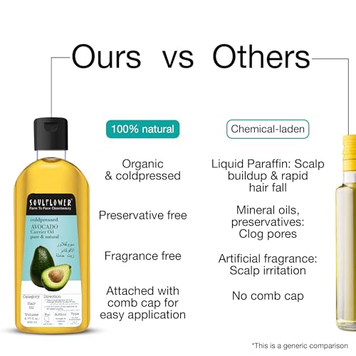 Soulflower Avocado Carrier Oil - 100% Pure Organic Cold Pressed Oil for Hair Growth, Face & Skin Care - 200ml