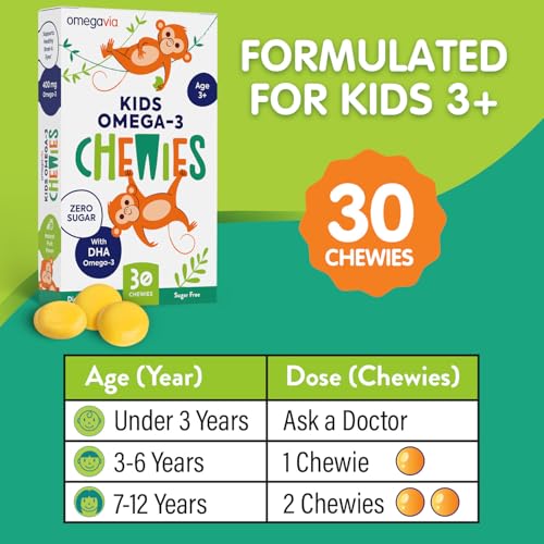 OmegaVia Omega 3 Gummies - High DHA for Kids Brain & Eye Health - Sugar-Free Natural Fruit Flavor - 60 Gummies