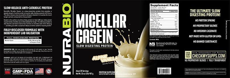 NutraBio 100% Micellar Casein Protein Powder - Vanilla - 2 lbs
