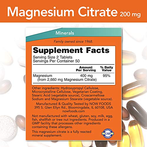 NOW Magnesium Citrate 200mg - 100 Tablets - High Absorption Magnesium Supplement