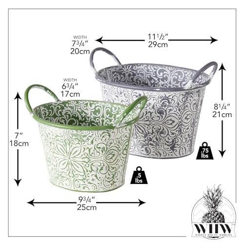WHW Whole House Worlds Acanthus Embossed Oval Planters Set of 2 - Green & Grey with White Vintage Patina
