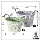 WHW Whole House Worlds Acanthus Embossed Oval Planters Set of 2 - Green & Grey with White Vintage Patina
