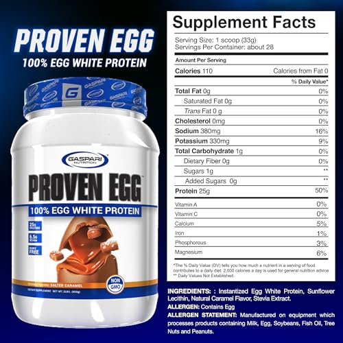 Gaspari Nutrition Proven Egg 100% Egg White Protein Powder Salted Caramel 2 lb - Low Carb High Protein