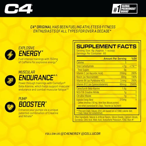 Cellucor C4 Original Explosive Pre-Workout Powder - Icy Blue Razz Flavor - 13.8 oz (390g)
