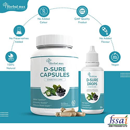 Herbal max D-Sure Diabetic Care Kit - Ayurvedic Capsules & Drops for Blood Sugar Support
