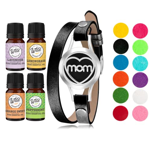 mEssentials Wild MOM Aromatherapy Oil Diffuser Bracelet Gift Set - Black Leather Wrap with 100% Pure Essential Oils