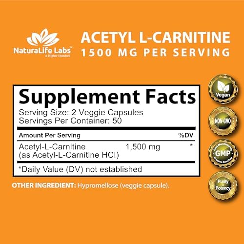 Acetyl L-Carnitine 1,500 mg High Potency Supports Energy Production, Sports Nutrition, Supports Memory/Focus - 100 Veggie Capsules