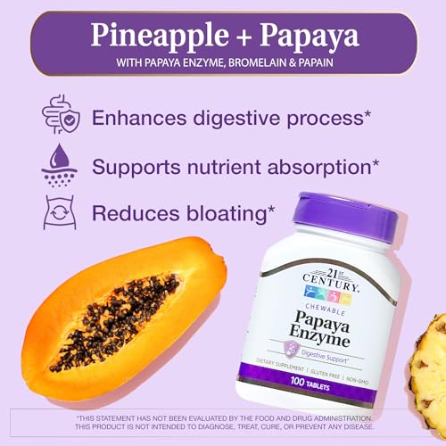 21st Century Papaya Enzyme - 100 Chewable Tablets | Digestive Support & Natural Enzymes