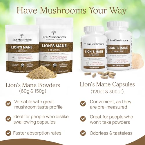 Real Mushrooms Lion's Mane Cognition Capsules - 120 Pieces for Brain Health