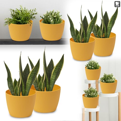 3-Pack Matte Mustard Plastic Flower Pots (16cm Diameter) - Large Decorative Herb Planters