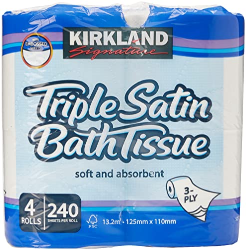 Kirkland Signature Triple Satin 3-Ply Toilet Paper, 4 Rolls Pack – Ultra Soft & Strong