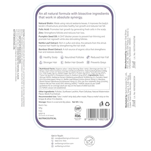 Melts Healthy Hair Plant-Based Biotin Strips - Nourish Strength & Thickness 30 Strips