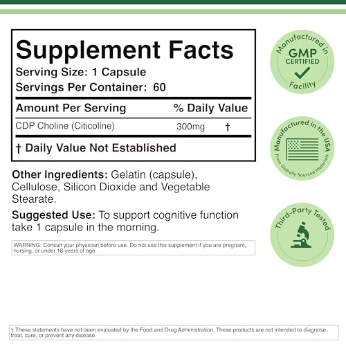 CDP Choline (Citicoline) Supplement 300mg - 60 Capsules - Pharmaceutical Grade, Third Party Tested