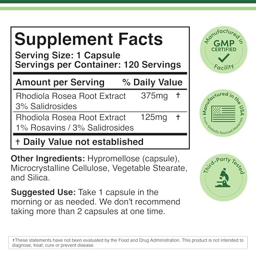 Rhodiola Rosea Supplement 500mg (120 Vegan Capsules) - Natural Stress Support by Double Wood