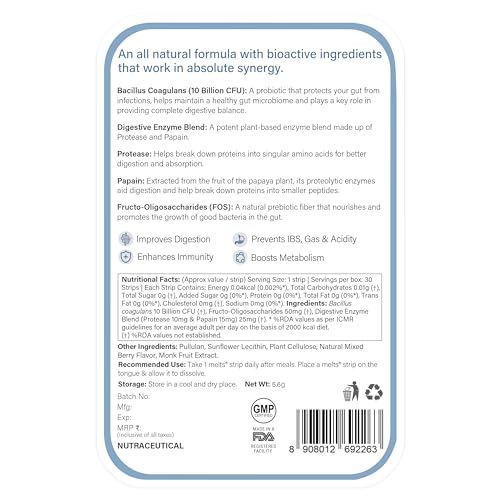 Wellbeing Nutrition Melts Healthy Gut - 60 Oral Strips for Indigestion, Gas, Acidity & Bloating Relief | 10 Billion CFU Probiotics + Digestive Enzymes & Organic ACV