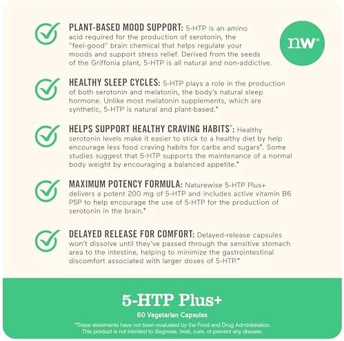 NatureWise, 5-HTP Plus+, 200 mg, 60 Vegetarian Capsules