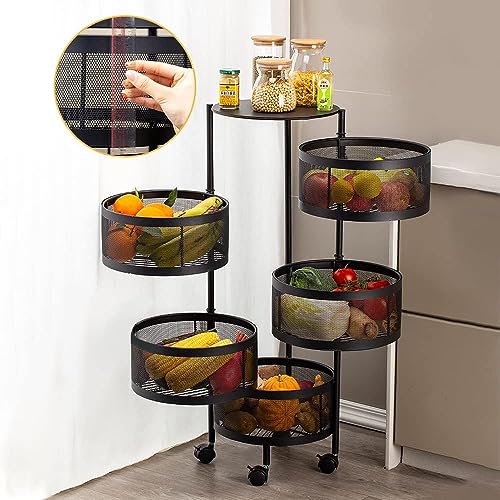 SKY-TOUCH 5-Tier Rotatable Kitchen Storage Shelf with Wheels - Fruit & Vegetable Basket Rack
