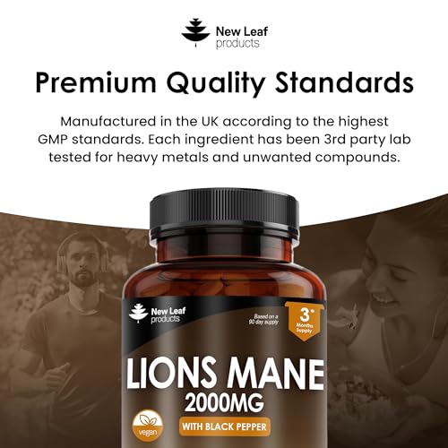Lions Mane Mushroom 2000mg - 180 High Strength Vegan Tablets - Lion's Supplement with Black Pepper