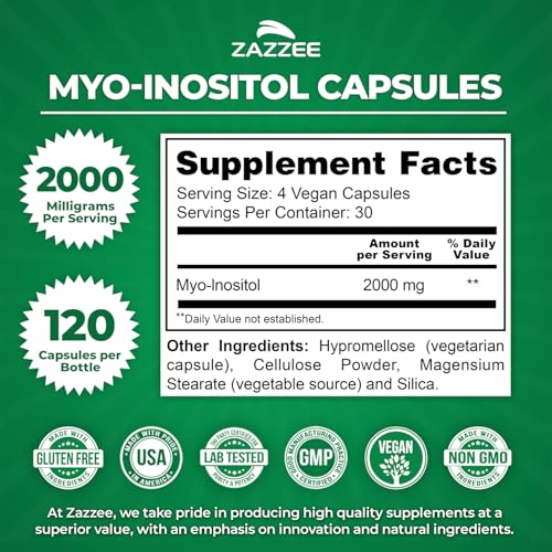 Zazzee Myo Inositol 120 Vegetarian Capsules - 2000mg for Hormonal Balance