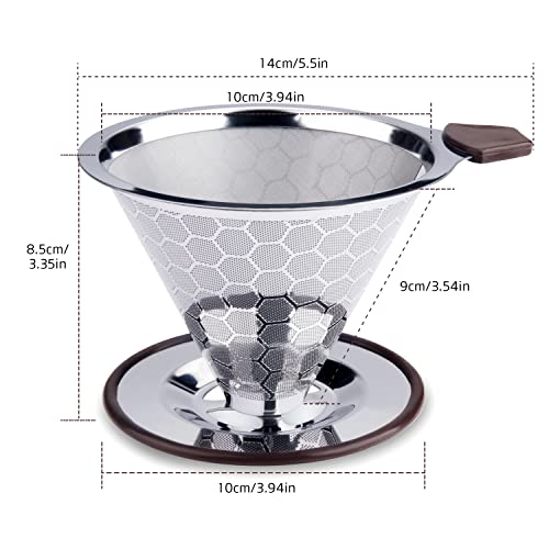 Pour Over Coffee Filter Dripper - Reusable Stainless Steel Metal Cone