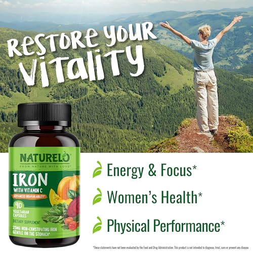 NATURELO Vegan Iron Supplement with Whole Food Vitamin C - 90 Mini Capsules