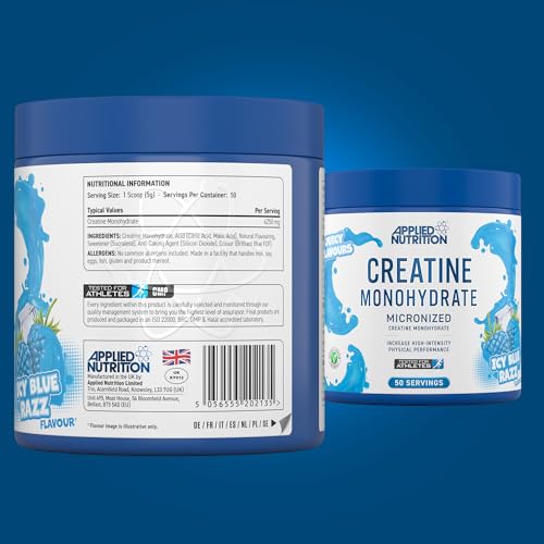 Applied Nutrition Creatine Monohydrate Micronized Powder – 250g Icy Blue Razz – Pure Muscle Strength, Performance & Recovery Supplement