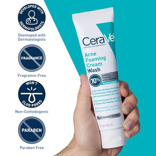 CeraVe Acne Foaming Cream Wash with Benzoyl Peroxide 10%, Hyaluronic Acid & Niacinamide - 5 oz